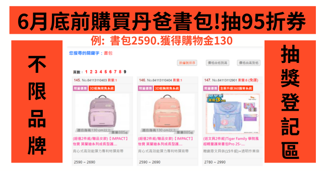 六月購買書包抽95折中獎金額