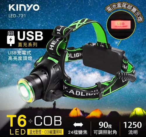 【KINYO】 USB充電式高亮度頭燈 LED-721 @燈泡露營電燈登 