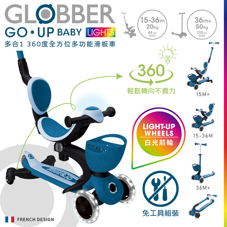 贈主購金450.GLOBBER GO‧UP 360度多功能滑板車(白光發光 