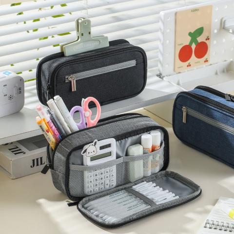 0412快閃價.(藍色)功能雙層大容量筆袋（三層文具收納鉛筆 